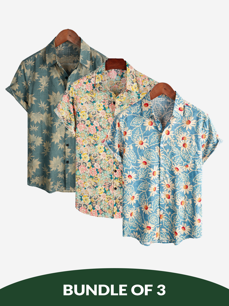 Bundle Of 3 | Men's Retro Beach Hawaiian Cotton Holiday Button Up Blue Short Sleeve Floral Shirts