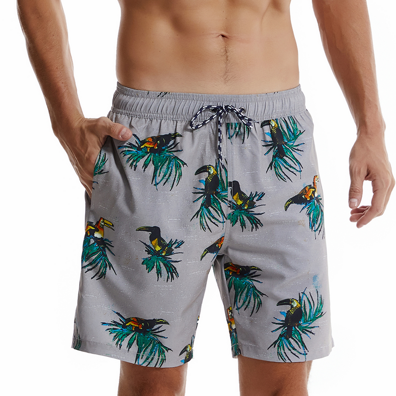 Men's Parrot Print Grey Quick Dry Beach Trunks Swim Trunks