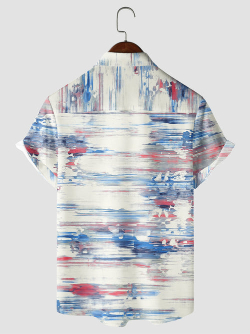 Men's Casual Red And Blue Graffiti Stripes Vintage Art Tie Dye Print Short Sleeve Button Up Shirt