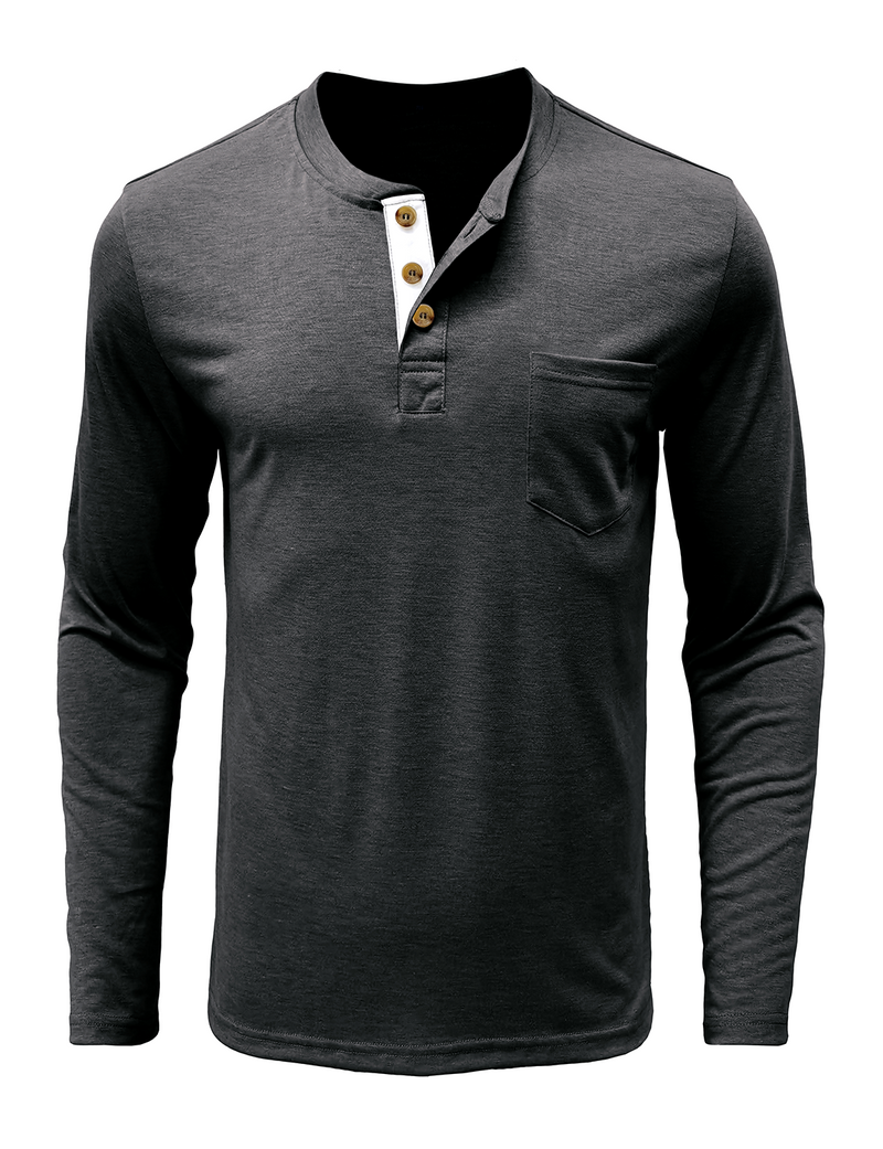 Men's Solid Color Cotton Casual Henry Collar Pocket Long Sleeve T-Shirt