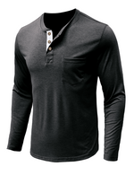 Men's Solid Color Cotton Casual Henry Collar Pocket Long Sleeve T-Shirt