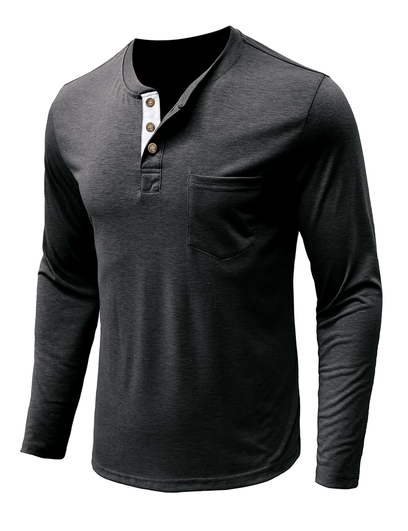 Men's Solid Color Cotton Casual Henry Collar Pocket Long Sleeve T-Shirt