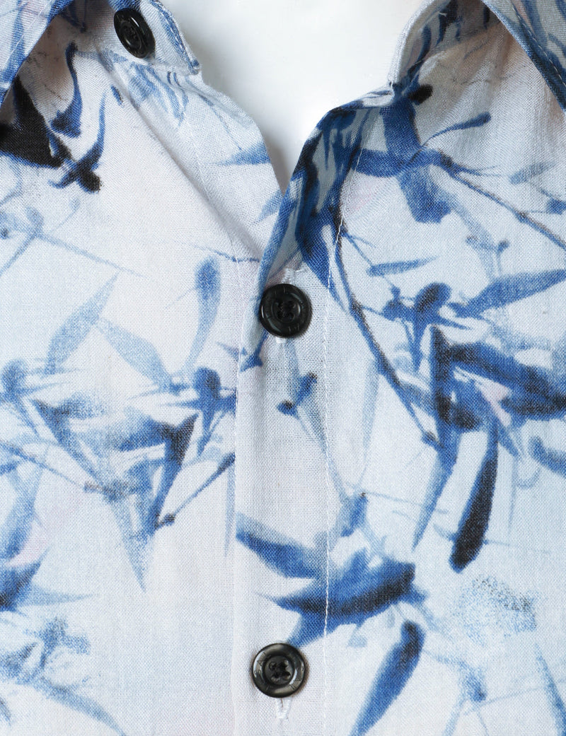 Men's Cotton Bamboo Art Print Button Summer Casual Short Sleeve Light Blue Hawaiian Shirt