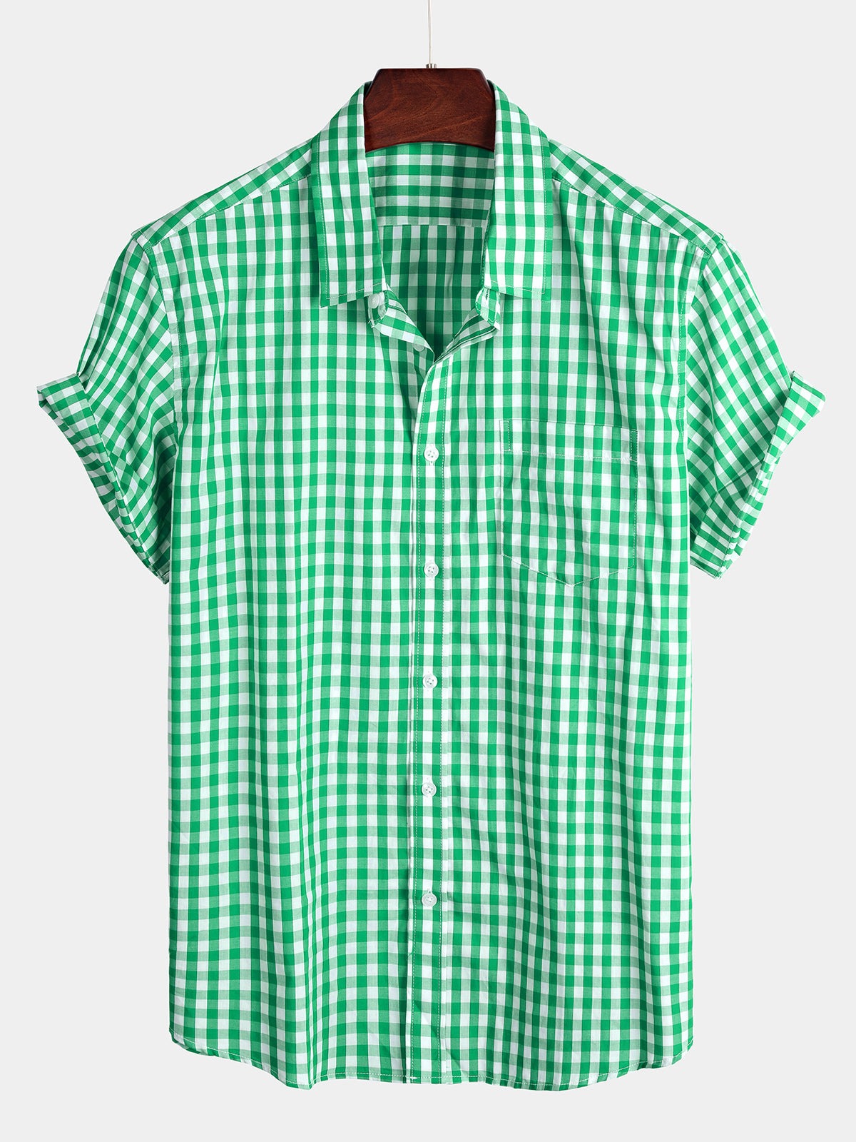 Men's Casual Solid Color Plaid Cotton Pocket Short Sleeve Shirt