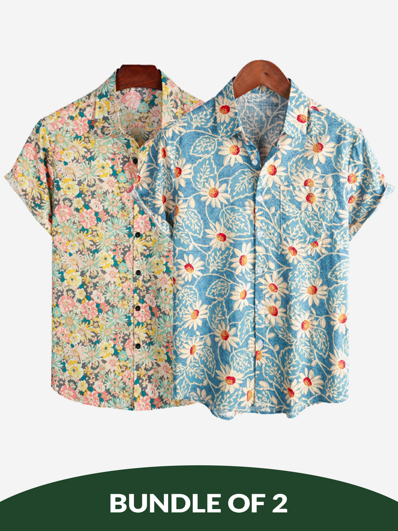 Bundle Of 2 | Men's Vintage Floral Cotton Short Sleeve Shirts