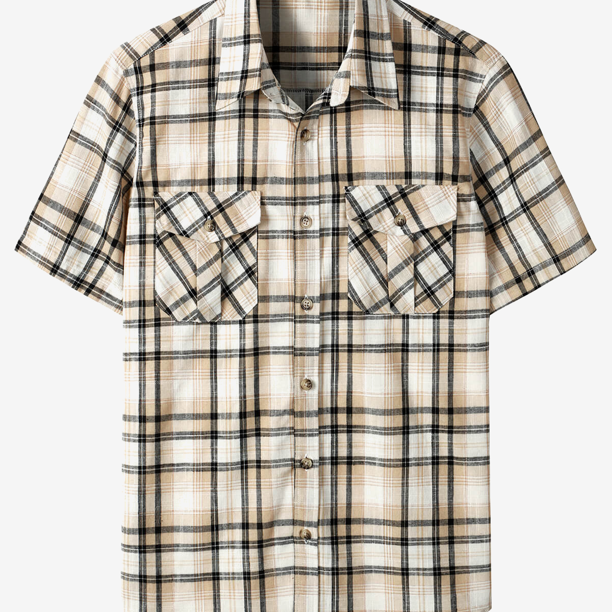 Men's Casual Khaki Linen Plaid Pocket Vintage Cowboy Check Short Sleeve Button Up Western Shirt