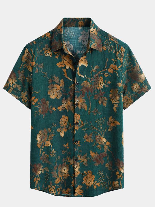 Men's Vacation Cotton Button Up Short Sleeve Green Vintage Hawaiian Shirt