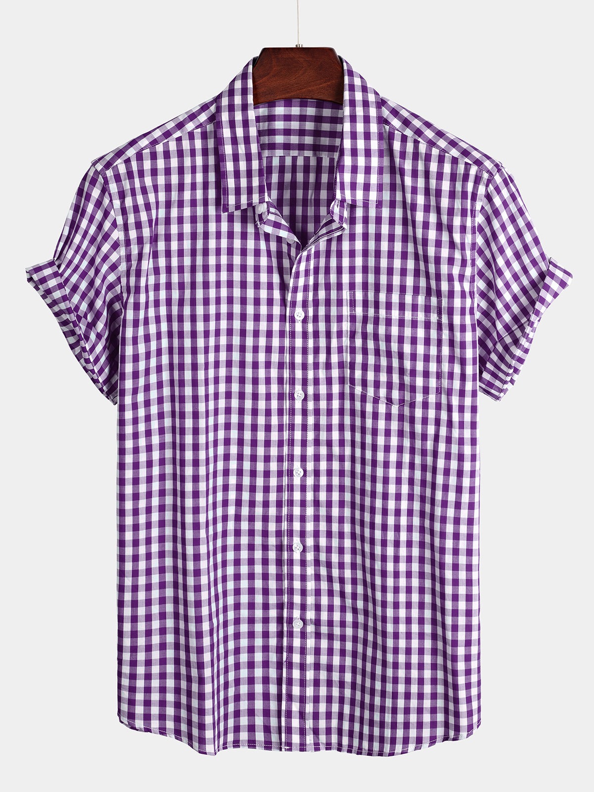 Men's Casual Solid Color Plaid Cotton Pocket Short Sleeve Shirt
