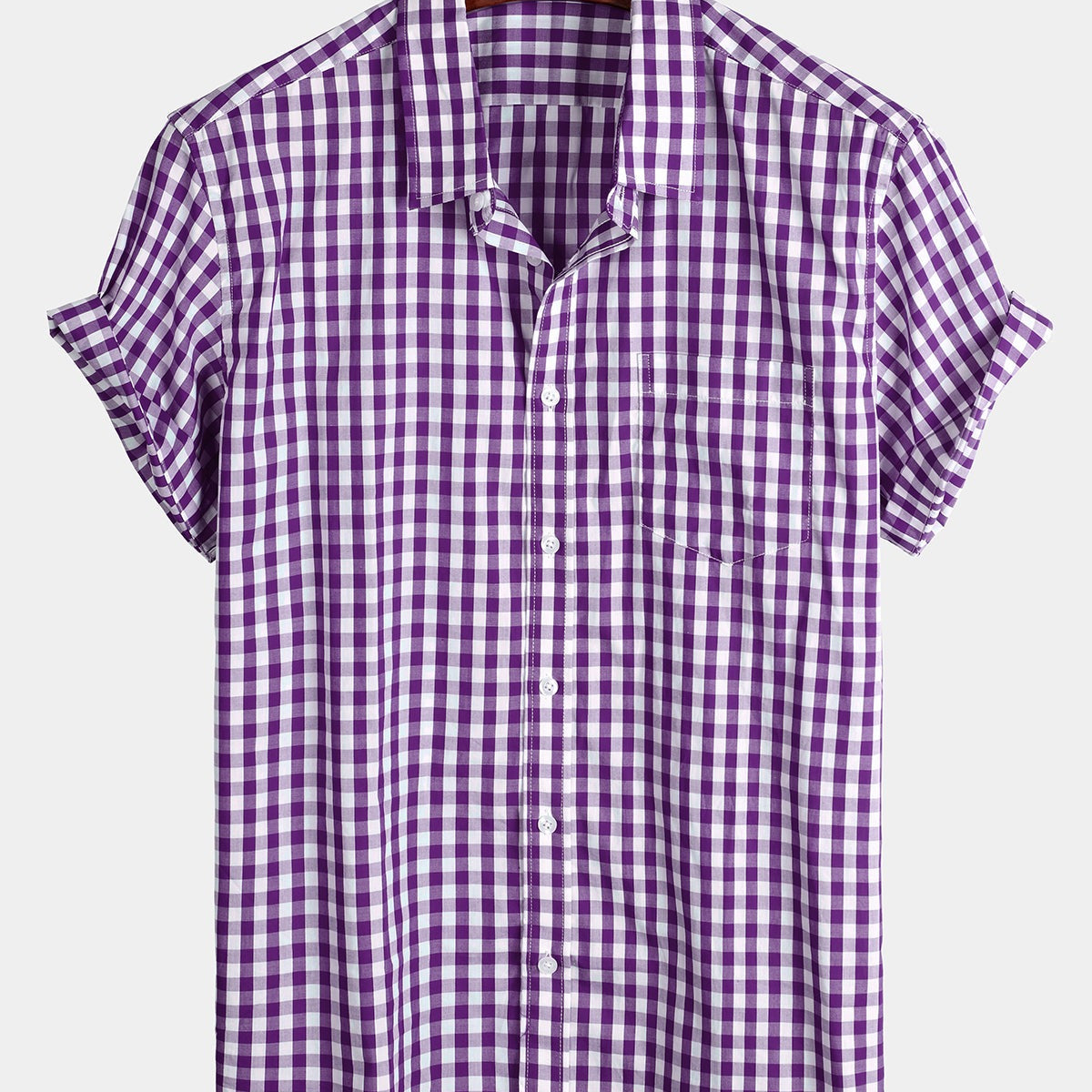 Men's Casual Solid Color Plaid Cotton Pocket Short Sleeve Shirt