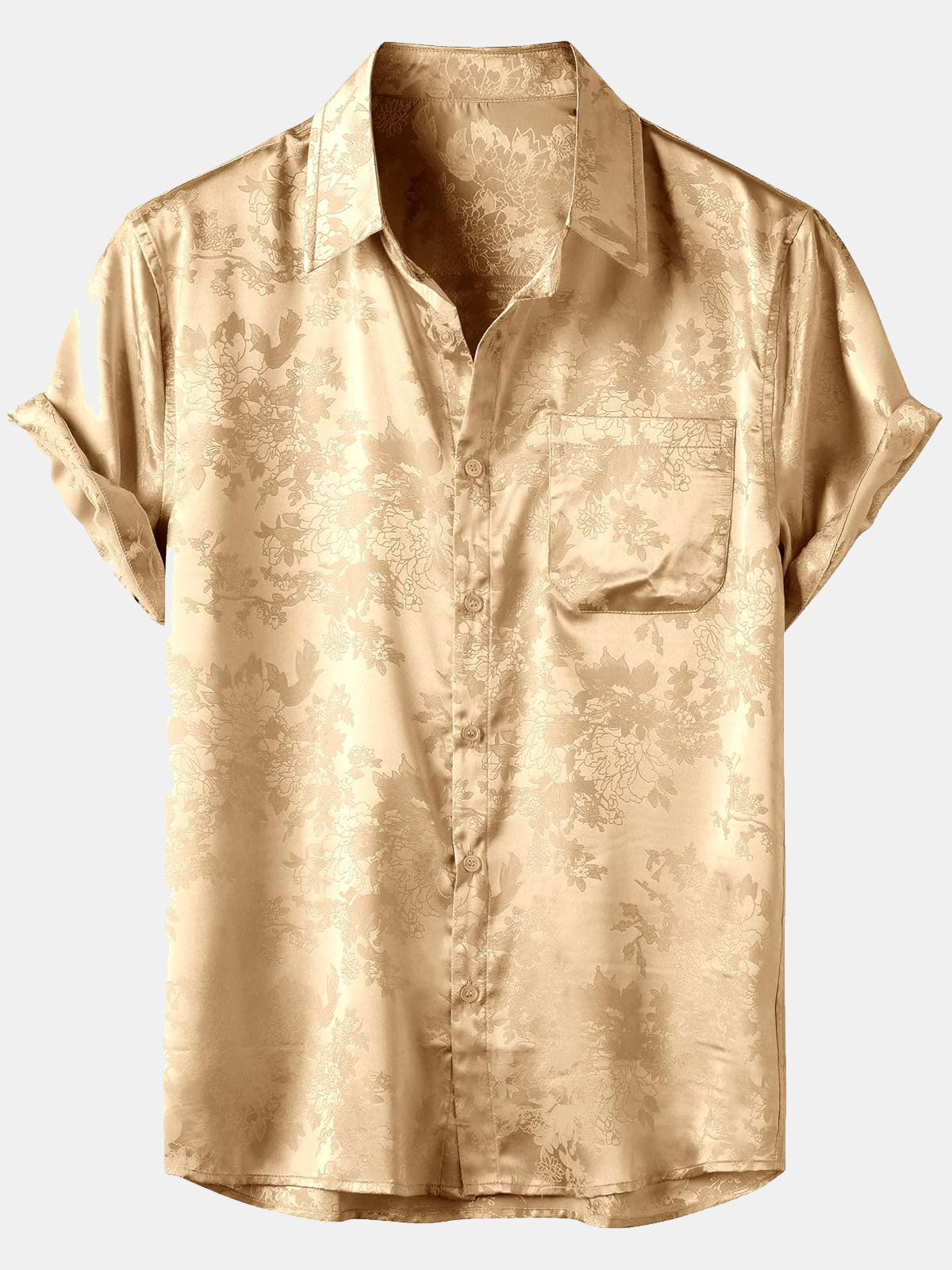 Men's Floral Jacquard Pocket Silk Satin Short Sleeve Shirt