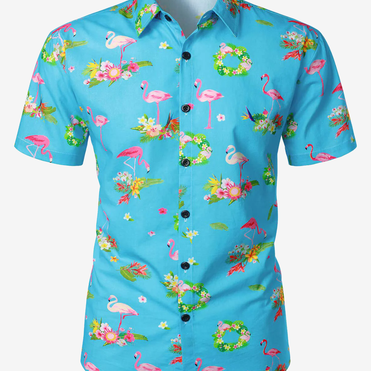 Men's Cotton Flamingo Tropical Island Short Sleeve Summer Beach Button Hawaiian Shirt