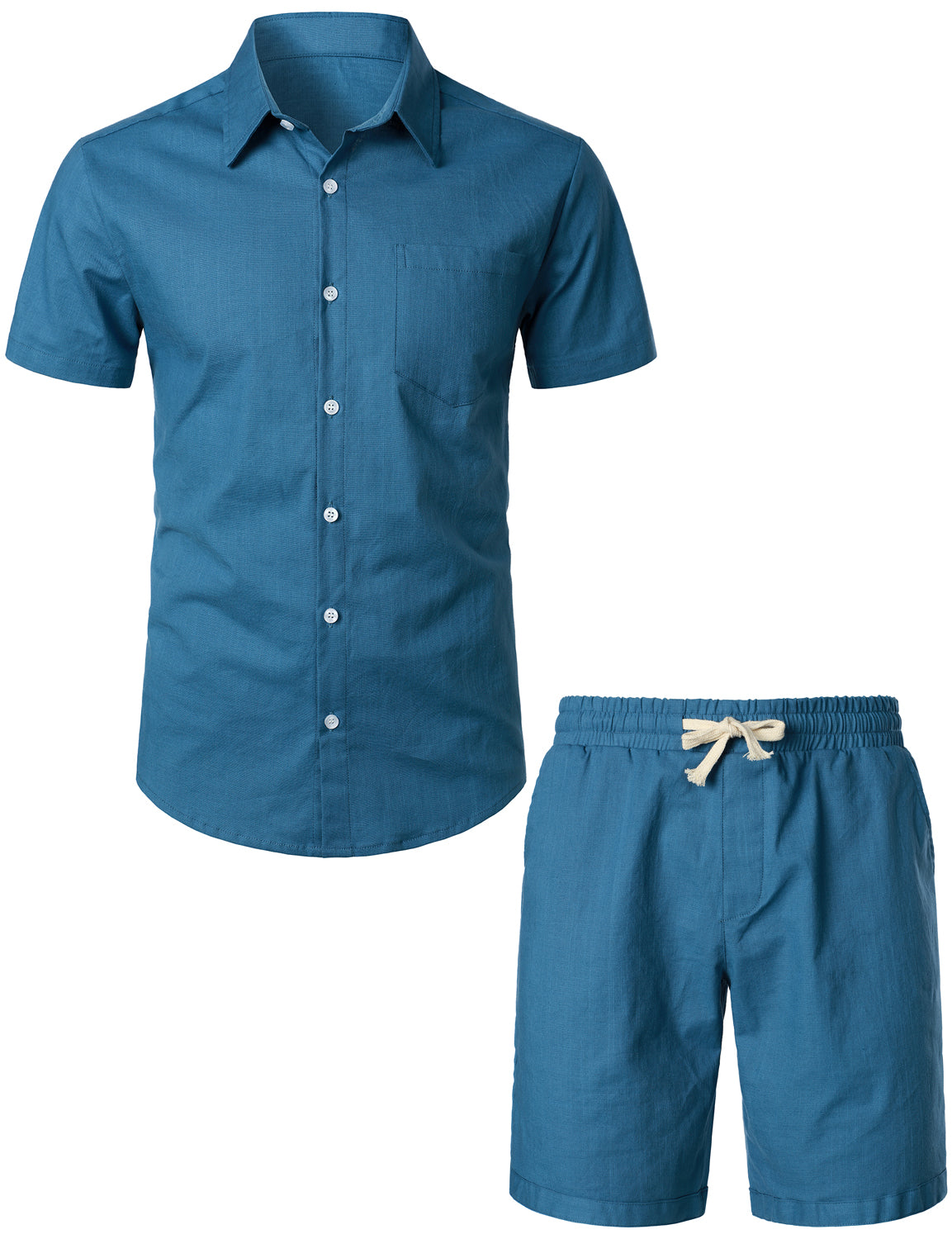 Men's Navy blue Solid Color Linen Cotton Outfit Pocket Short Sleeve Shirt and Shorts Set