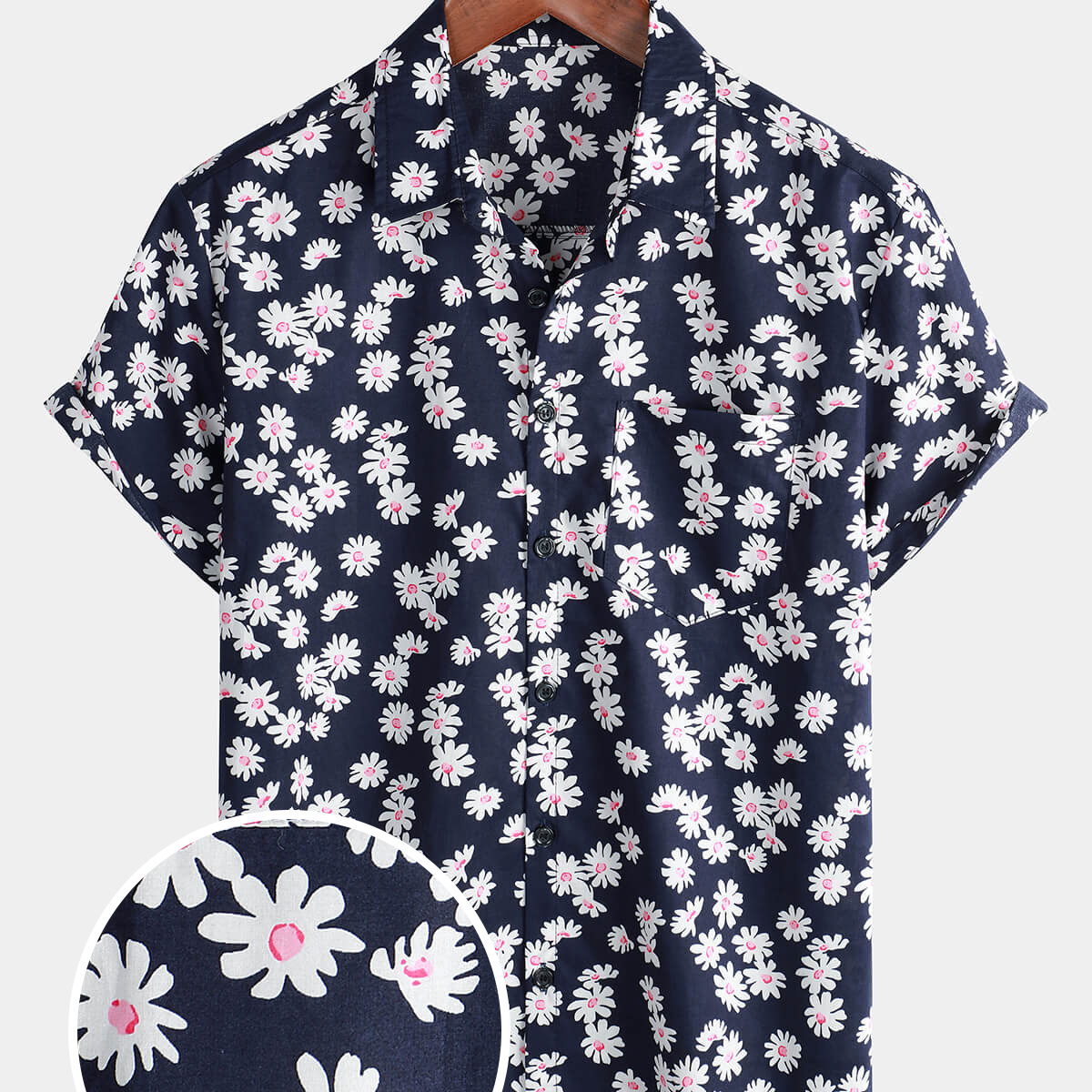 Men's Cotton Floral Daisy Button Up Short Sleeve Shirt