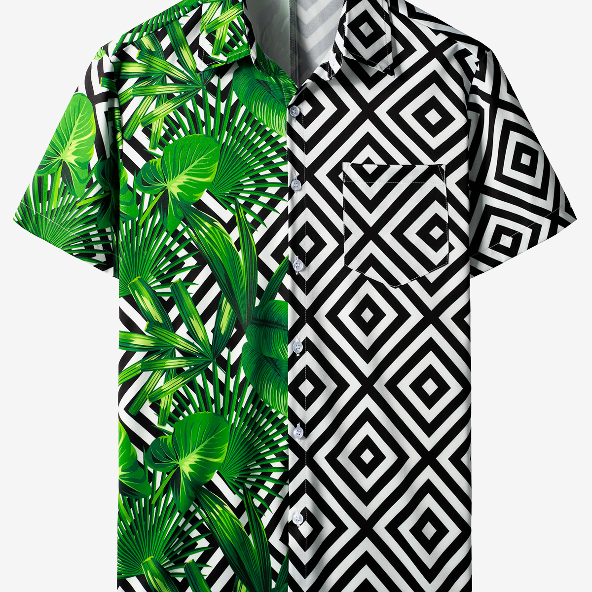 Men's Green Tropical Leaves Geometric Print Vacation Short Sleeve Hawaiian Shirt