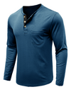 Men's Solid Color Cotton Casual Henry Collar Pocket Long Sleeve T-Shirt