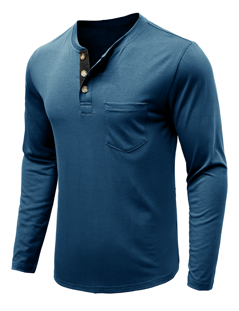 Men's Solid Color Cotton Casual Henry Collar Pocket Long Sleeve T-Shirt