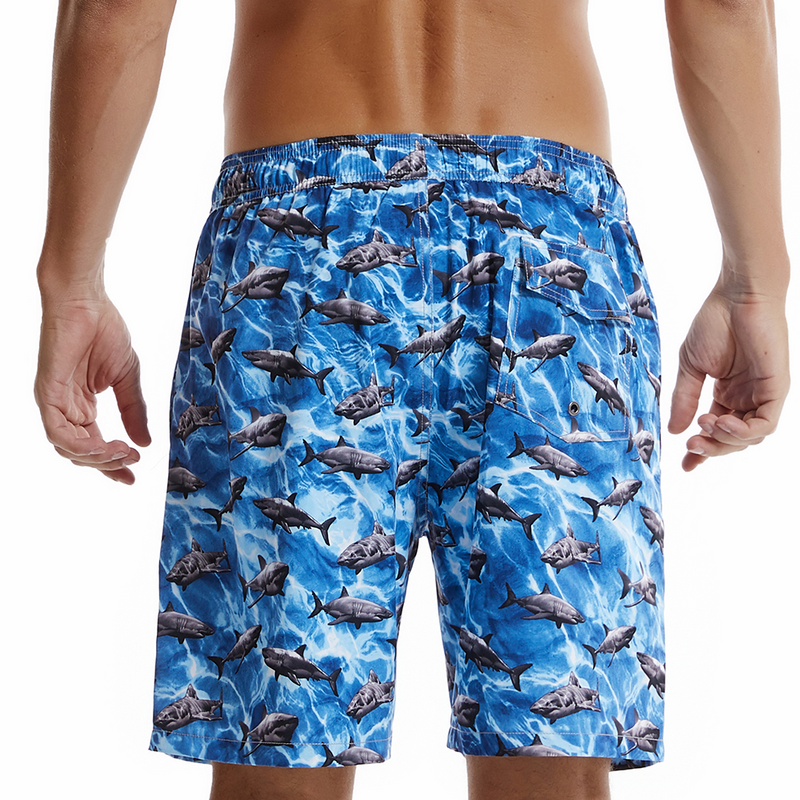 Men's Shark Print Blue Quick Dry Beach Shorts Swim Trunks