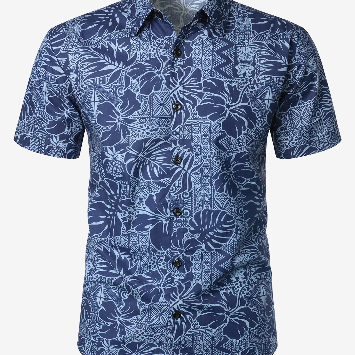 Men's Navy Blue Hawaiian Floral Hibiscus Print Summer Button Short Sleeve Summer Shirt