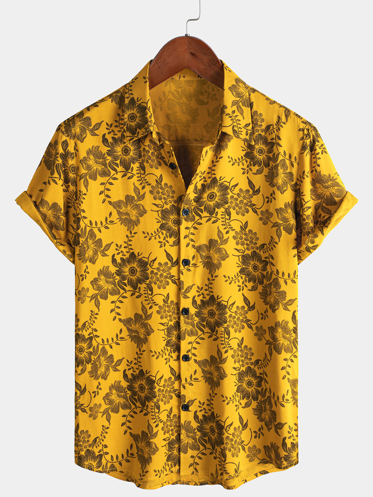 Men's Yellow Vintage Floral Print Holiday Hawaiian Short Sleeve Shirt