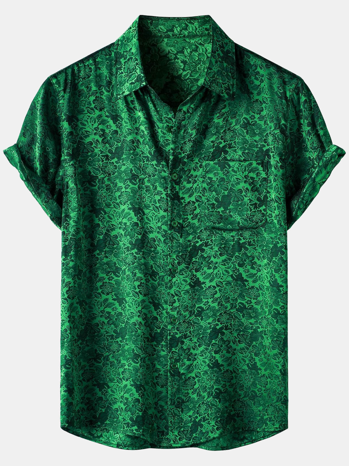 Men's Floral Print Jacquard Silk Satin Short Sleeve Shirt