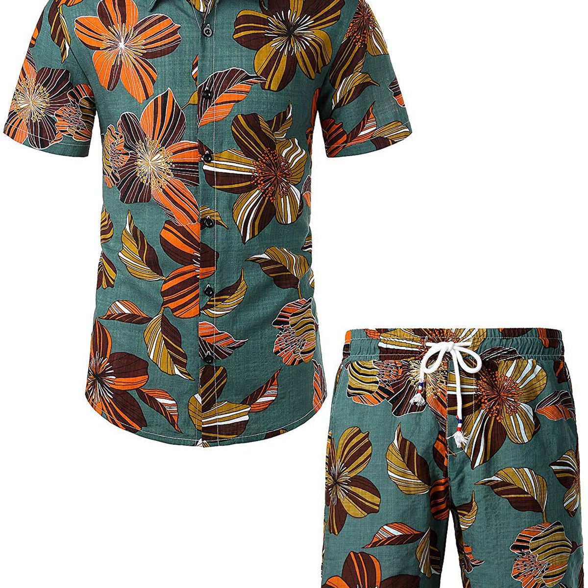 Men's Flower Tropical Hawaiian Matching Shirt and Shorts Set