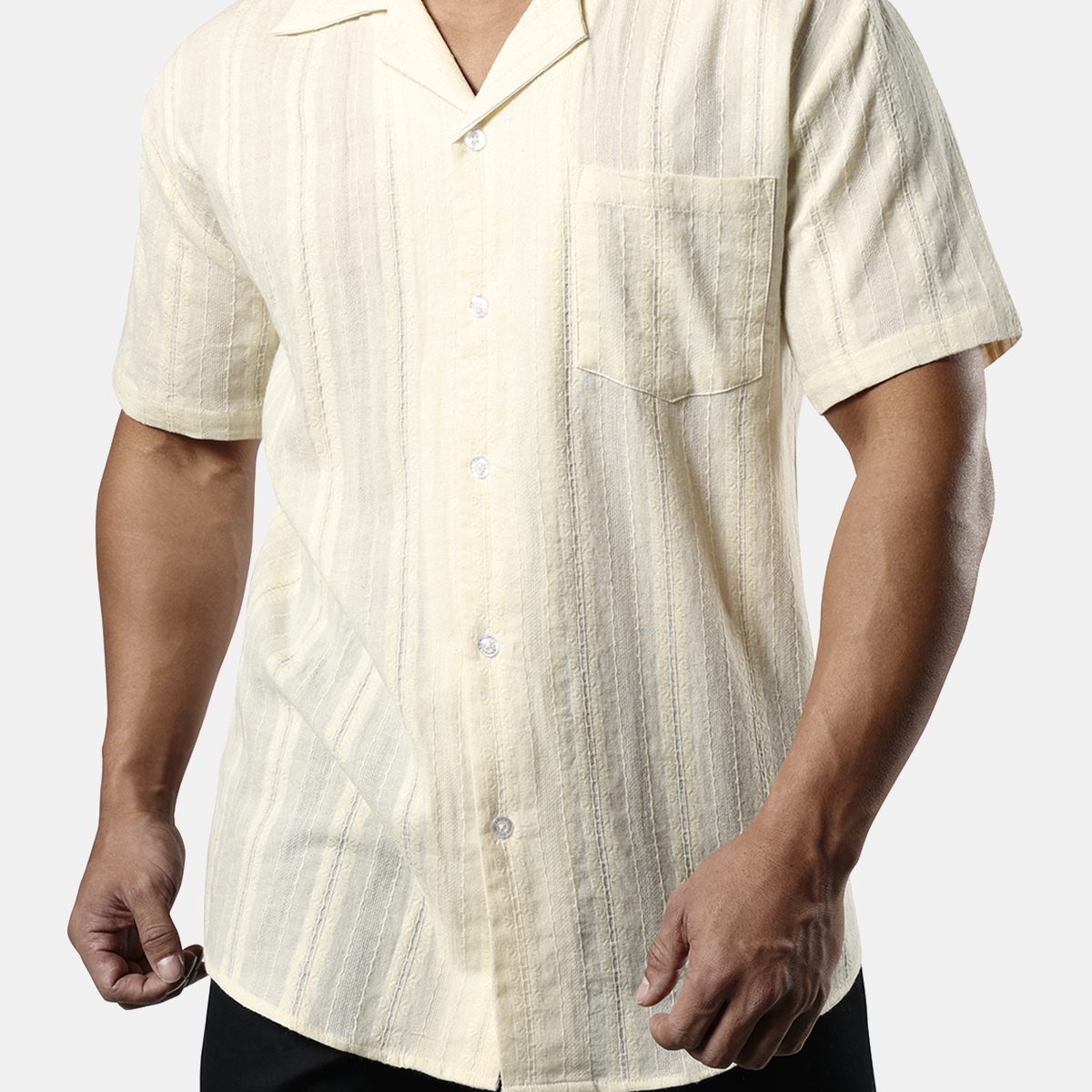 Men's Summer Camp Floral Jacquard Cuban Guayabera Casual Button Short Sleeve Hawaiian Beach Shirt