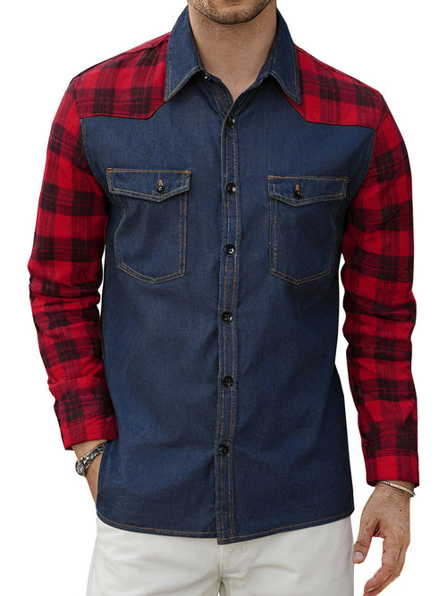Men's Plaid Flannel Patchwork Denim Casual Button Up Long Sleeve Shirt