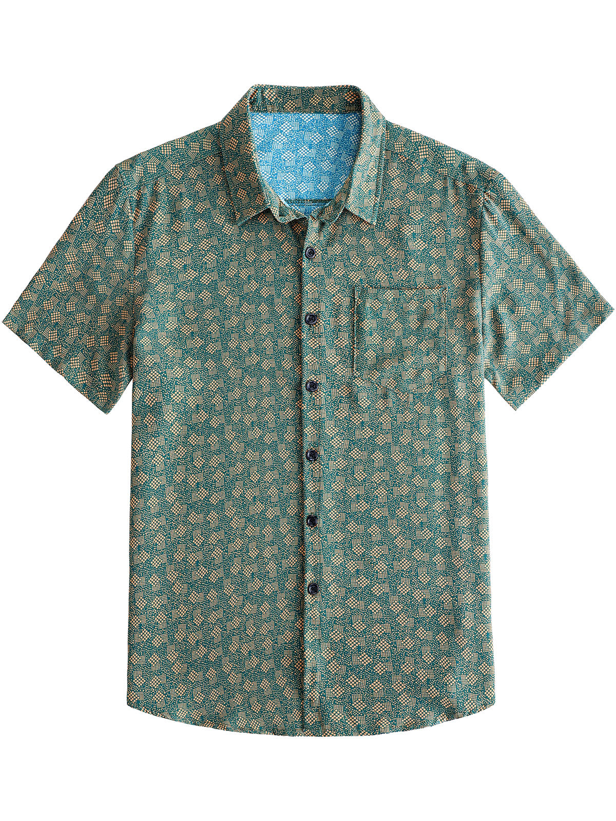 Men's Retro Geometric Print Green Pocket Short Sleeve Shirt