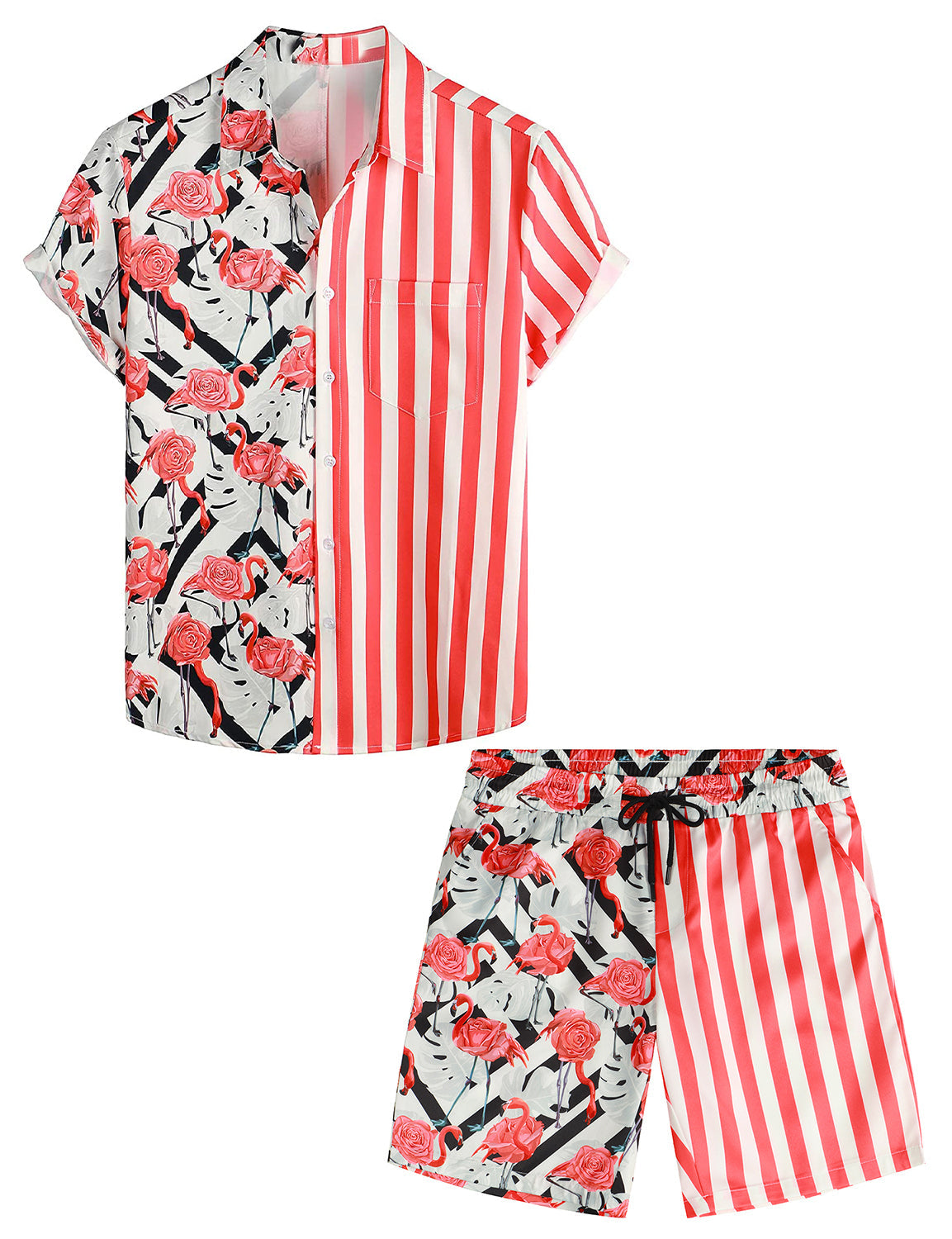 Men's Flamingo and Red Striped 2Pcs Pocket Suit Hawaiian Shirt and Shorts Set