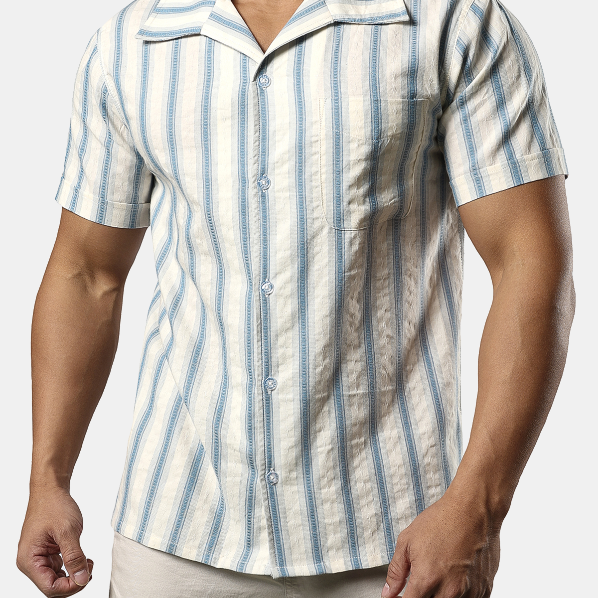 Men's Cuban Guayabera Striped Short Sleeve Casual Button Holiday Beach Shirt