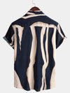Men's Retro Casual Striped Summer Vacation Navy Blue Button Up Short Sleeve Shirt