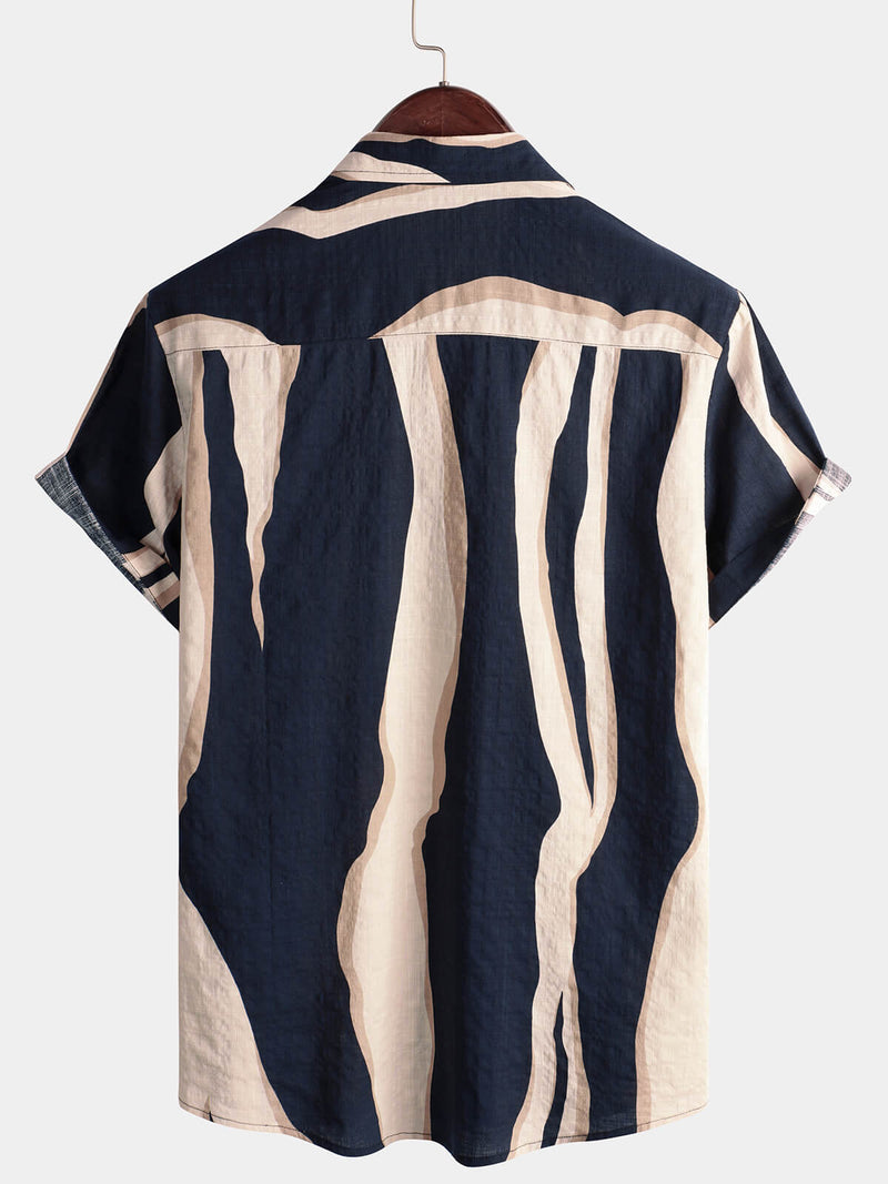 Men's Retro Casual Striped Summer Vacation Navy Blue Button Up Short Sleeve Shirt