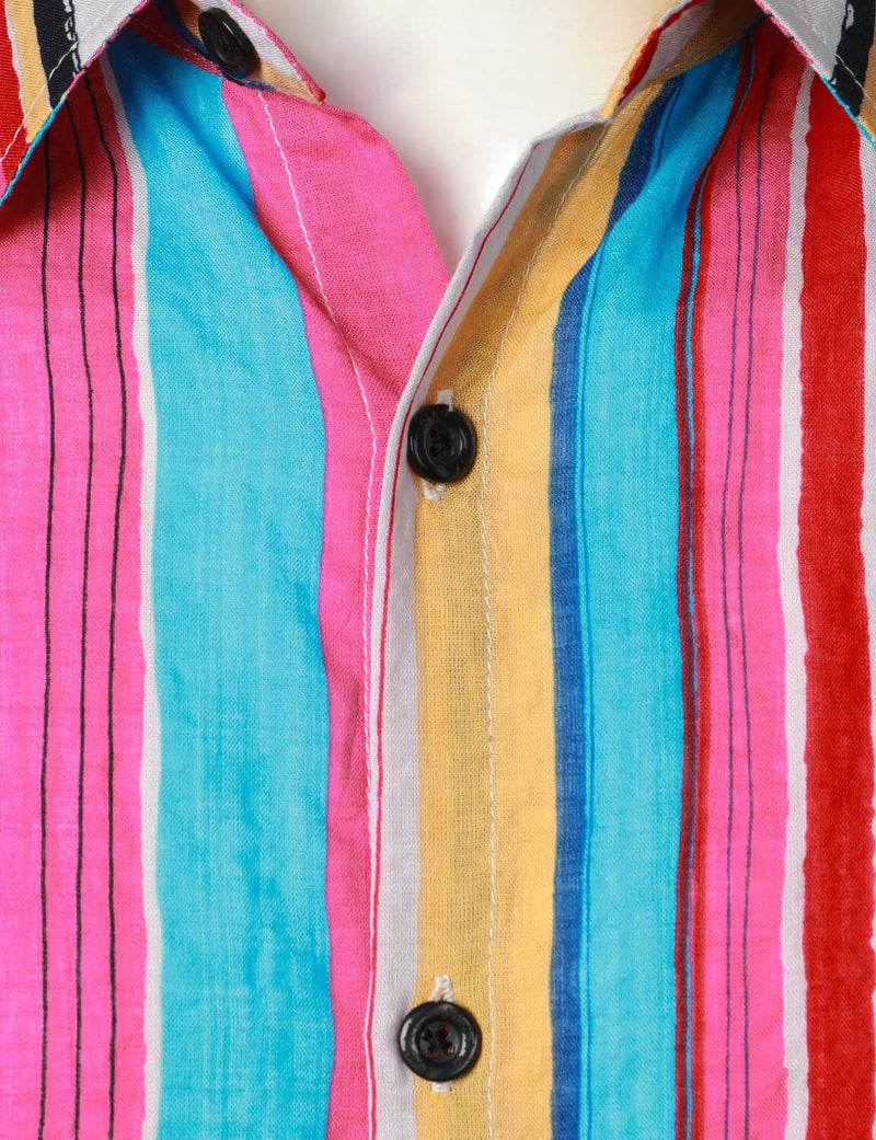 Men's Pink Rainbow Striped Button Up Summer Beach Short Sleeve Shirt