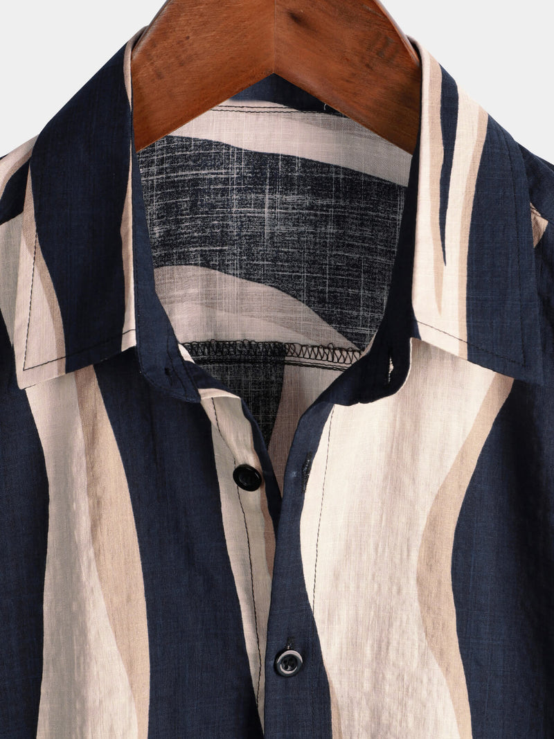 Men's Retro Casual Striped Summer Vacation Navy Blue Button Up Short Sleeve Shirt