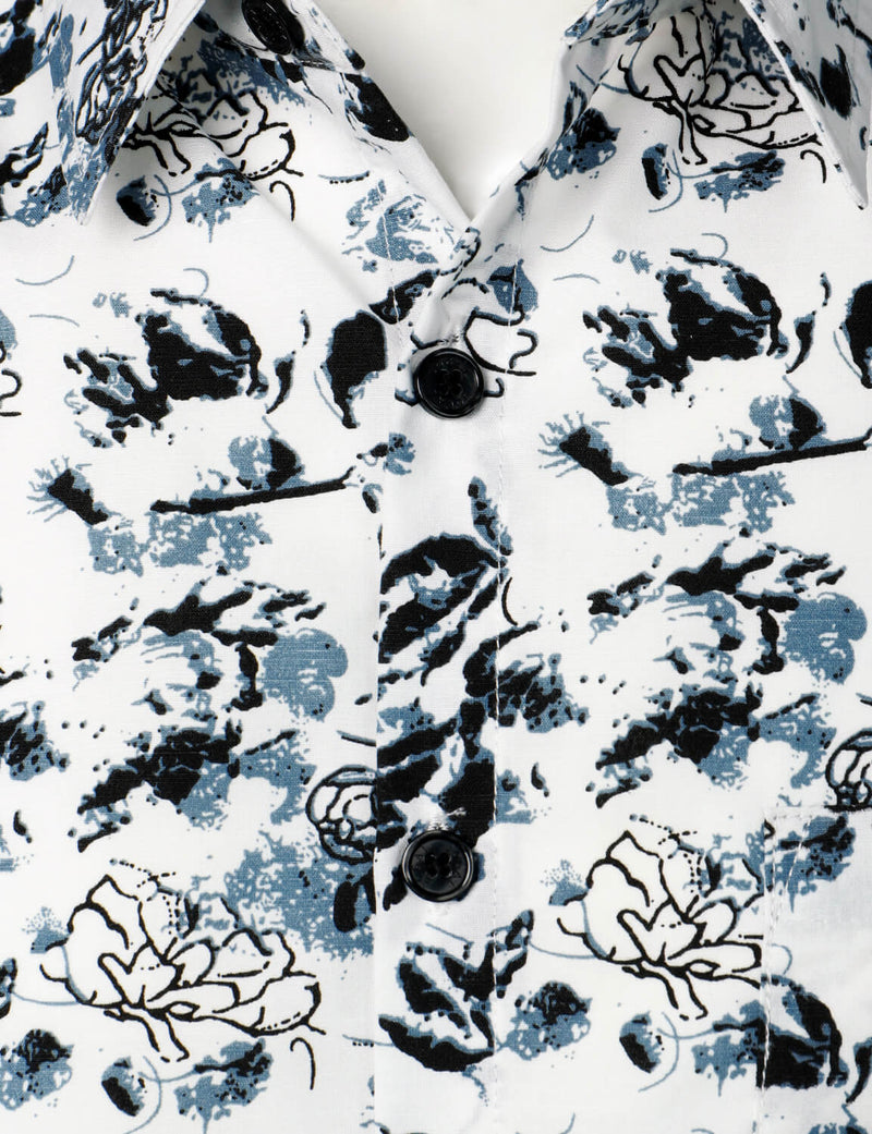 Men's White and Black Floral Summer Flower Button Up Cotton Short Sleeve Shirt