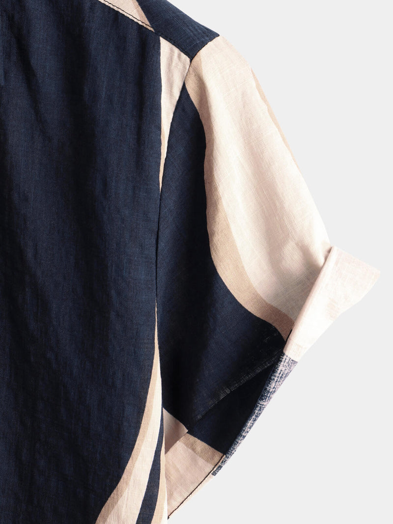 Men's Retro Casual Striped Summer Vacation Navy Blue Button Up Short Sleeve Shirt