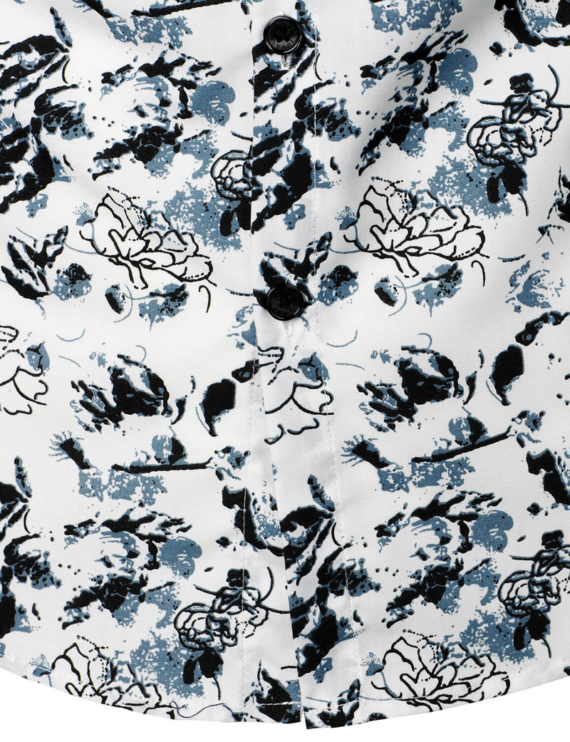 Men's White and Black Floral Summer Flower Button Up Cotton Short Sleeve Shirt
