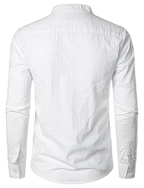 Men's 100% Cotton Casual Pocket Solid Color Henry Collar Button Up Long Sleeve Shirt
