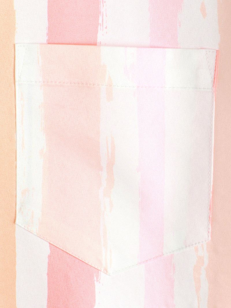 Men's Summer Pink And White Vertical Striped Pocket Button Up Rainbow Short Sleeve Shirt