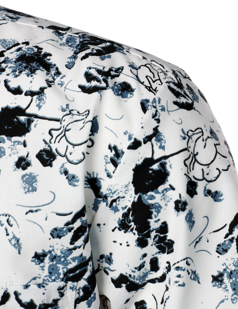 Men's White and Black Floral Summer Flower Button Up Cotton Short Sleeve Shirt