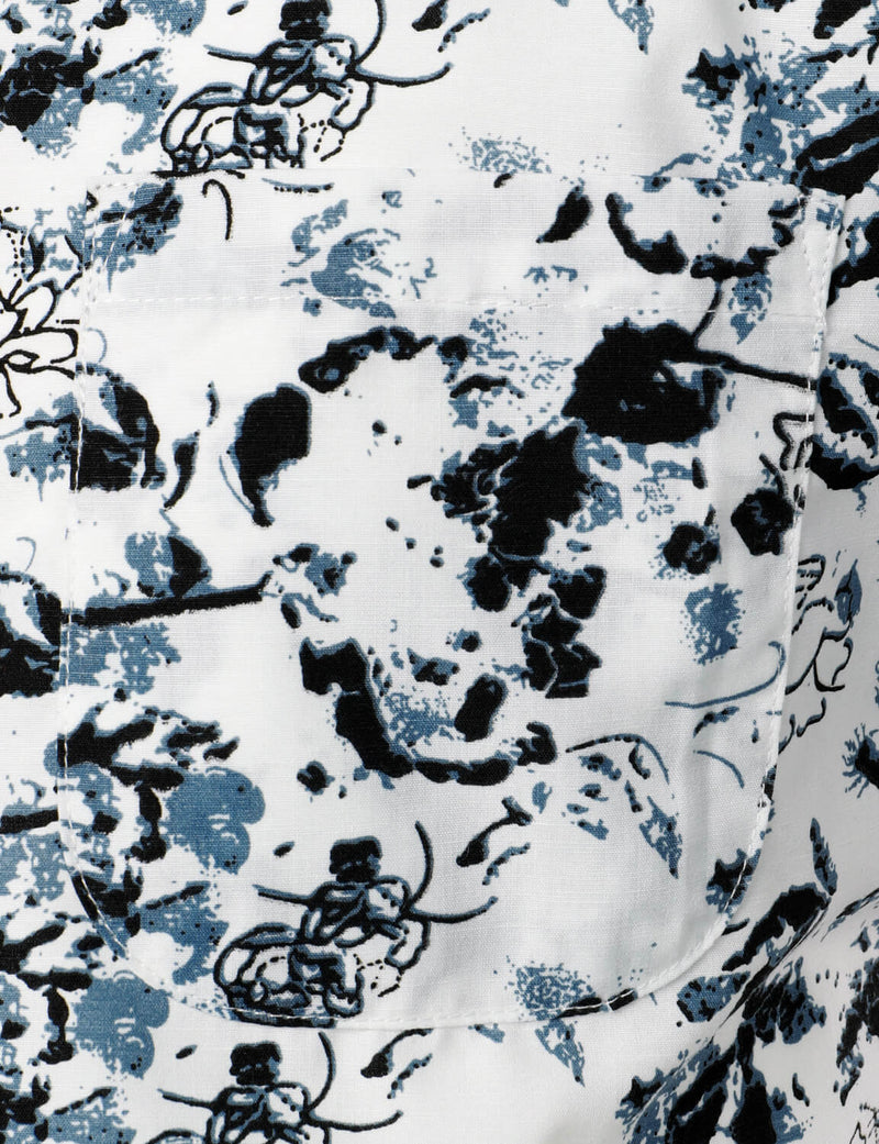 Men's White and Black Floral Summer Flower Button Up Cotton Short Sleeve Shirt