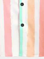 Men's Summer Pink And White Vertical Striped Pocket Button Up Rainbow Short Sleeve Shirt
