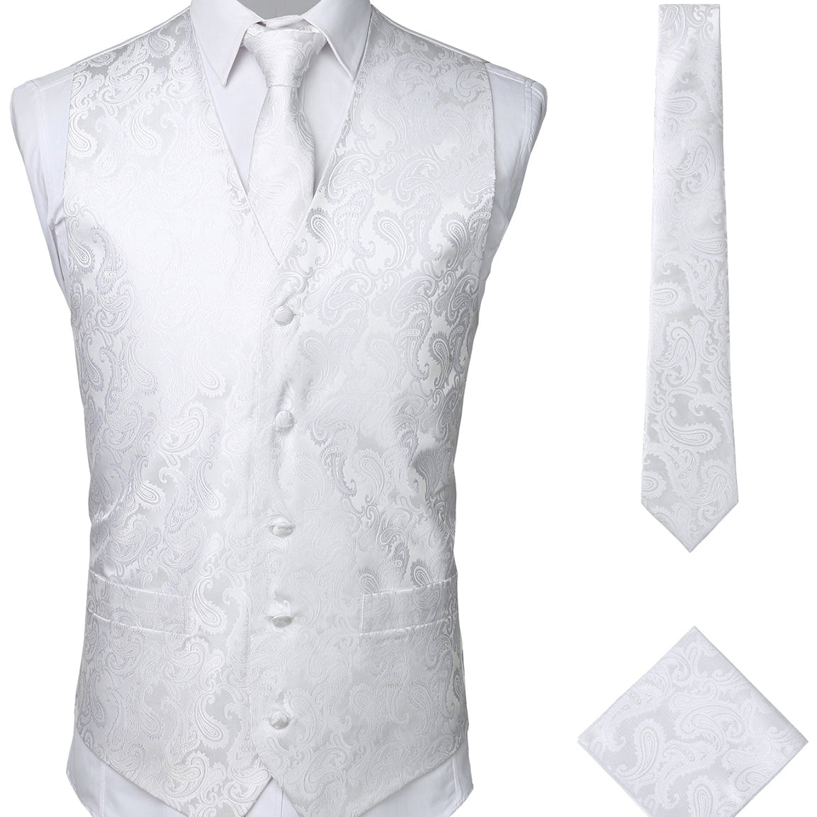 Men's 3pc Jacquard Paisley Vest & Tie Set Classic Necktie Pocket Square Waistcoat for Suit or Tuxedo