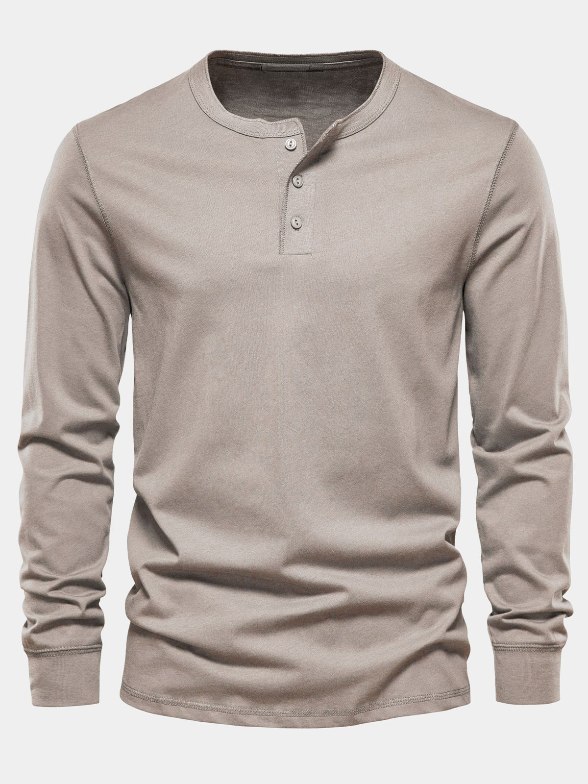 Men's Khaki Cotton Long Sleeve Henley T-Shirt