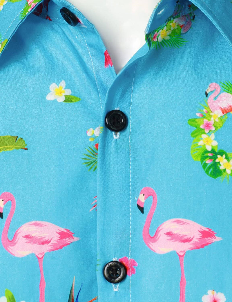 Men's Cotton Flamingo Tropical Island Short Sleeve Summer Beach Button Hawaiian Shirt