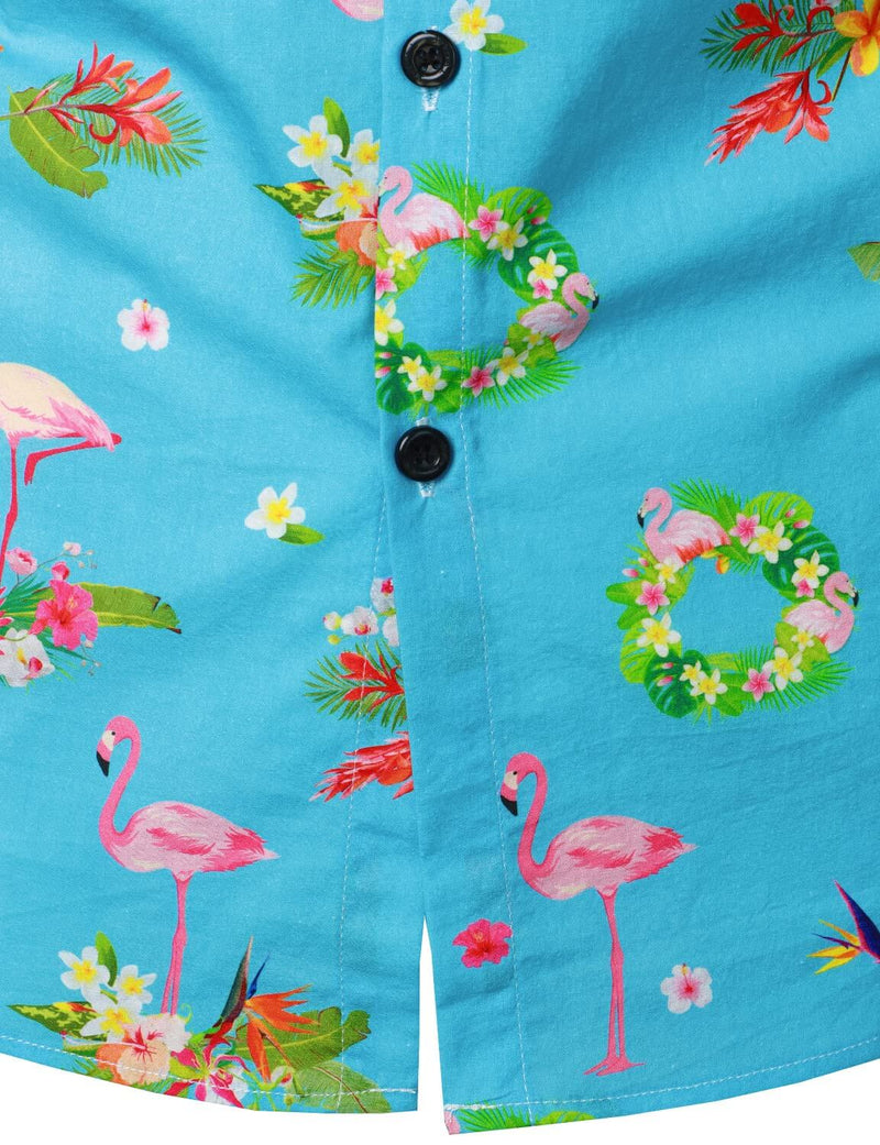 Men's Cotton Flamingo Tropical Island Short Sleeve Summer Beach Button Hawaiian Shirt
