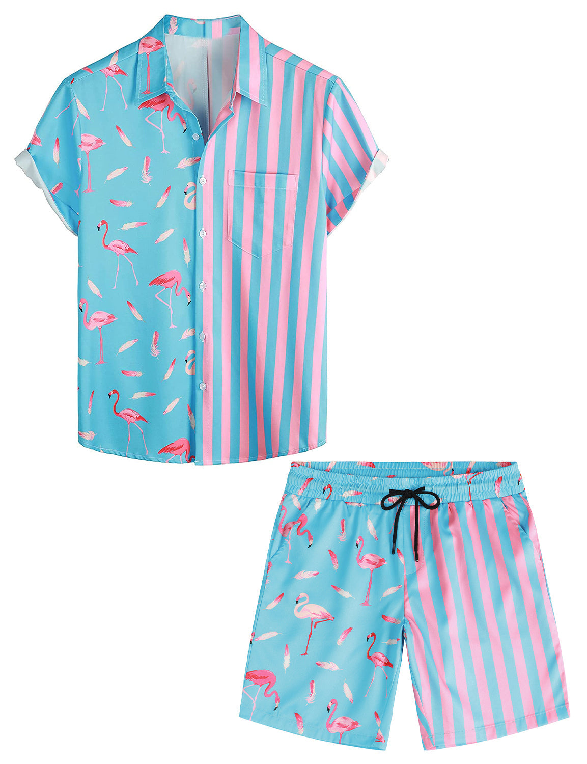 Men's Pink Flamingo Striped Print Holiday Suit Short Sleeve Pocket Matching Shirt and Shorts Set