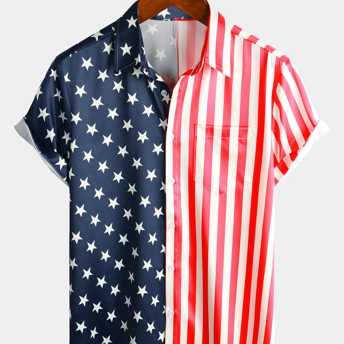 Men's Casual Holiday Striped Print American Flag USA Patriotic Button Short Sleeve Shirt