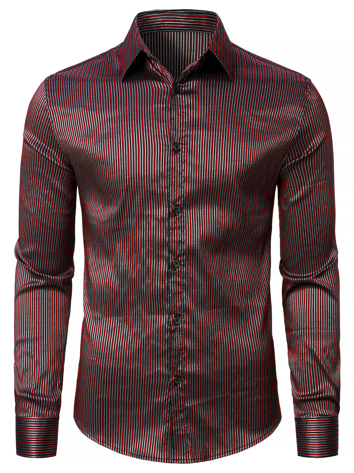 Men‘s Striped Textured Satin Party Slim Fit Wrinkle-Free Button Long Sleeve Shirt