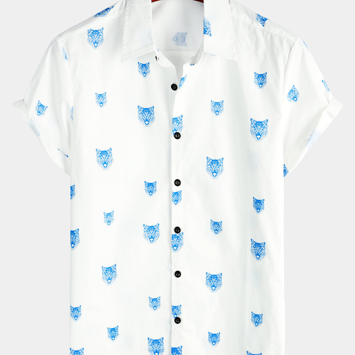 Men's Wolf Animal Print Button Casual Lapel White Short Sleeve Shirt